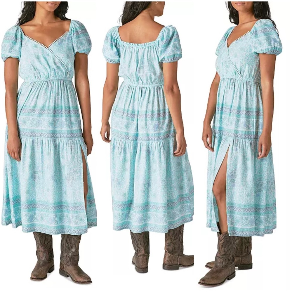 NWT 129$ Lucky Brand's block-printed tiered dress Size M Maxi Blue Wrap